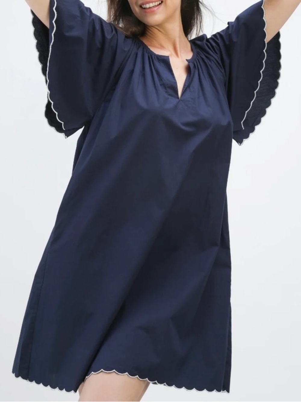 Navybleu Harbor Scalloped Shift Boutique Dress with White Trim S NWT